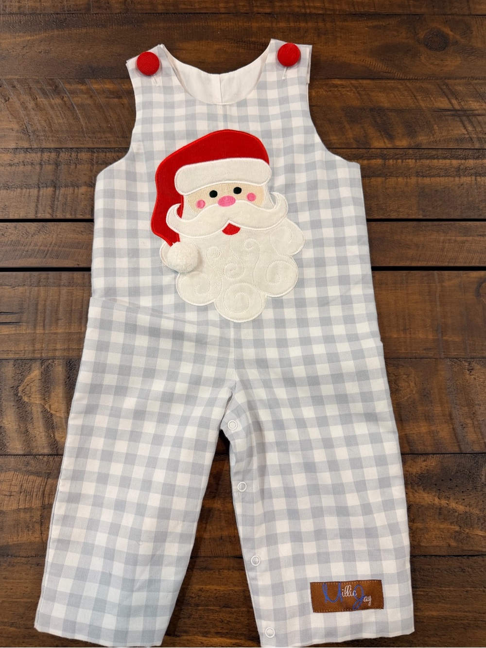 Holiday Santa Appliqué Check One-Piece Romper - Grey & Red